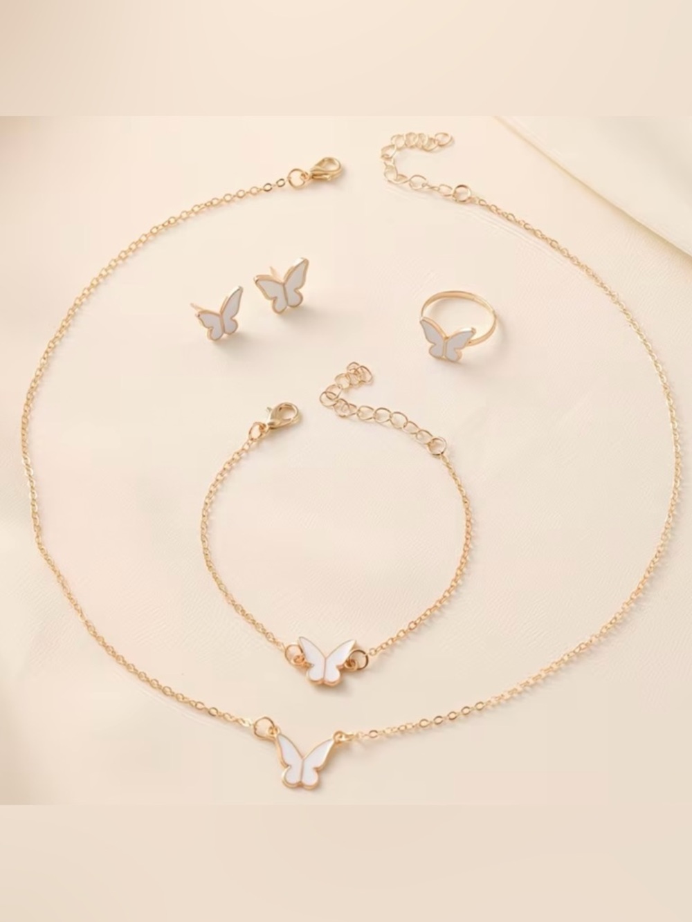 Gold Butterfly Jewelry Set with White Enamel Accents